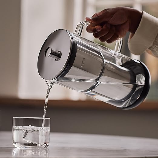 Aarke Purifier Regular Glass Pitcher Bundle w/Steel Filter, BPA-Free, 4 Pure Refill Granules - Filters Heavy Metals, 2.4L Pitcher with 1.18L Filtration Capacity