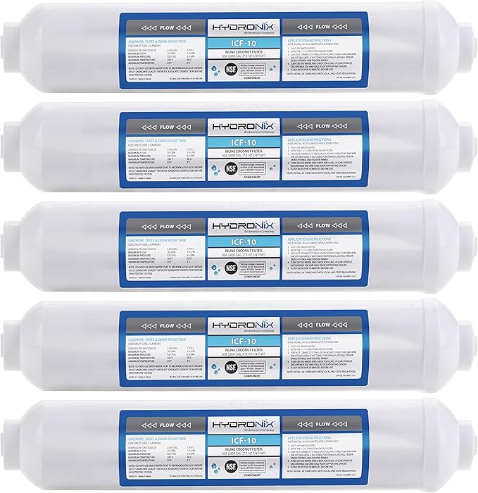 Hydronix 5 Pack ICF-10 Reverse Osmosis Post Polishing, Fridge & Ice Inline Coconut GAC Water Filter, 2000 Gal 1/4