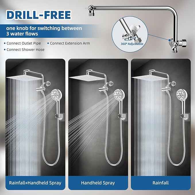 12" All Metal Shower Head, High Pressure Rainfall Shower Head/Handheld Showerhead Combo with 11" Adjustable Shower Extension Arm, 71" Hose, Shower Head Holder, Chrome