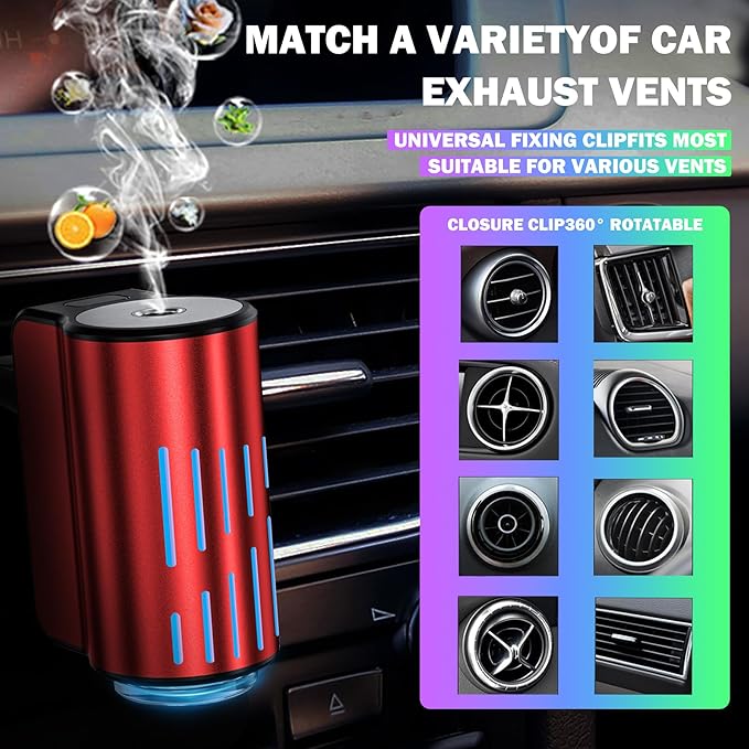 Smart Car Air Freshener, Portable Car Vents Aromatherapy,Car Diffuser Air Freshener with Three Adjustable Modes, Aromatizante para Carro, Car Diffuser with 3pcs Essential Oil(Red)