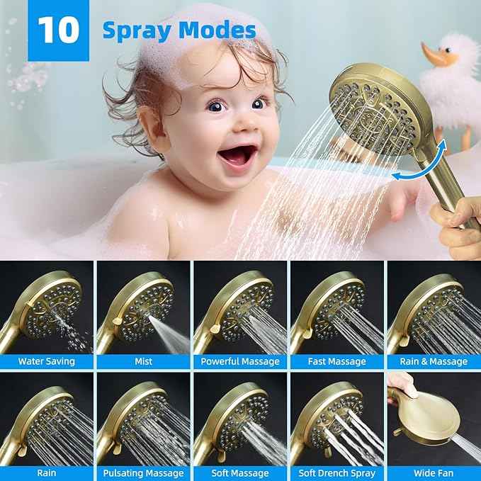 Hibbent High Pressure 13'' Dual Shower Head Combo with 10-mode Handheld Spray, Upgraded Rainfall 5-spray Shower Head, 12'' Adjustable Extension Arm, 71'' Hose, Showerhead Holder, Brushed Gold