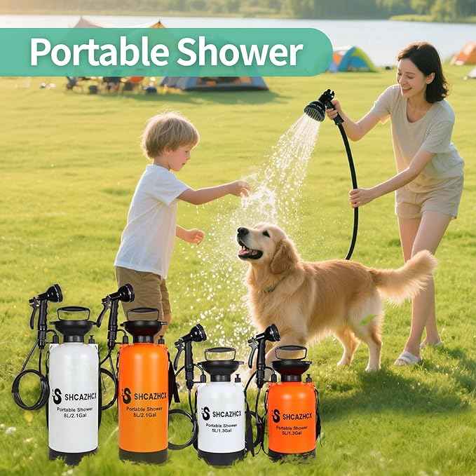 2.1 Gallon/8L Portable Water Shower, No Power Needed, Nylon Insulated Sleeve, 10 Spray Modes, Pressurized Portable Shower Sprayer for Camping, Hiking, Beach, Surfing & Outdoor Use, Orange