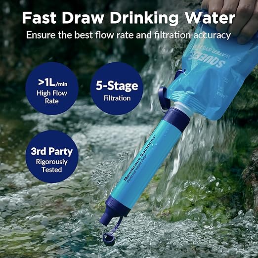 Membrane Solutions Squeezable Water Filtration System, Survival Water Purifier Kit, Portable Backpacking Gear Including Water Filter Straw and 23oz Collapsible Bottle for Hiking Camping Travel(1+6)