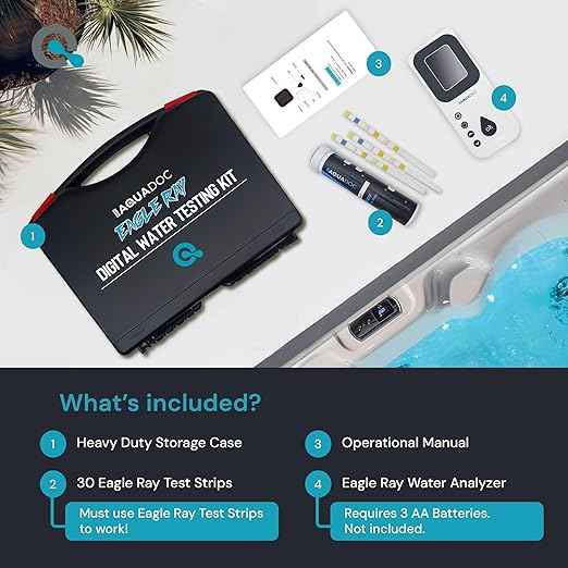 Eagle Ray Digital Spa Water Test Kit by AquaDoc with Digital Water Tester and 30 hot tub Test Strips for Chlorine, Bromine, Total Hardness, Cyanuric Acid, Alkalinity, and pH