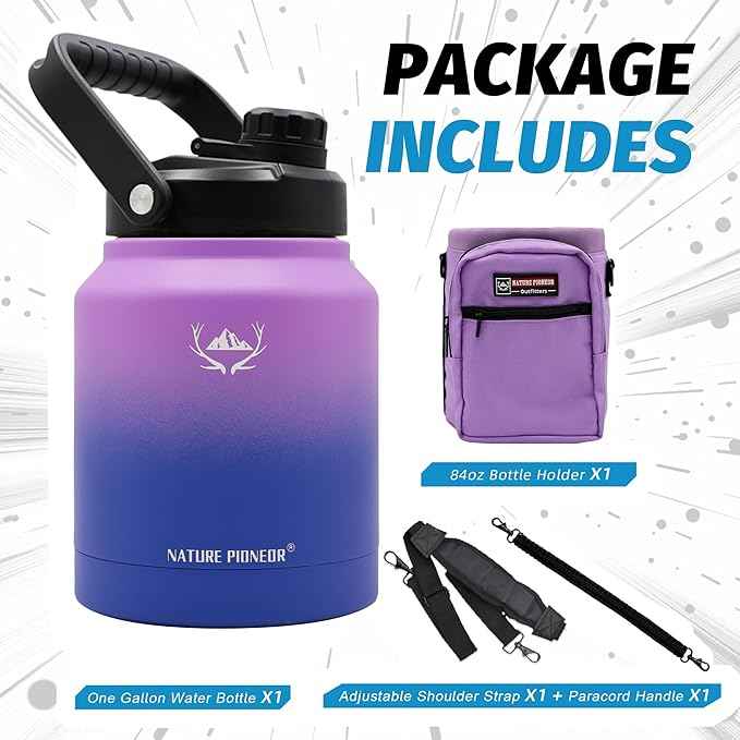 NATURE PIONEOR 84 oz Insulated Water Bottle - Double Vacuum Stainless Steel Water Jug with Holder/Carrier, Wide Mouth, Outdoor Sports, Hiking, Camping, Gym