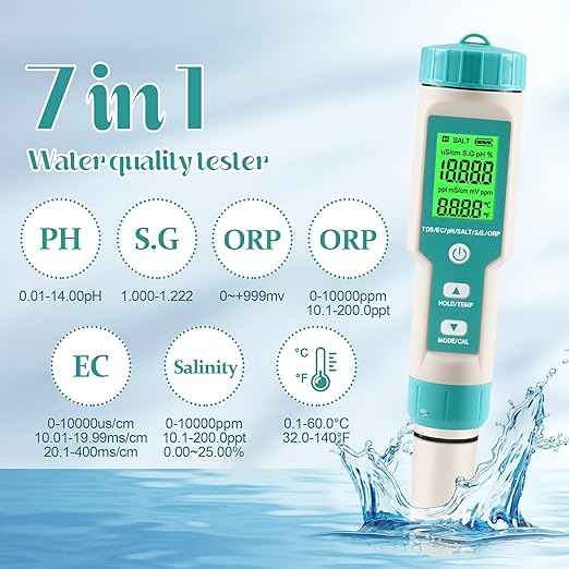 pH Meter for Water 7 in 1 PH/TDS/EC/Salt/S.G/ORP/Temp Meter,pH Tester Digital Backlit Waterproof LCD,TDS Meter EC Meter PPM Meter Suitable for Pools, Drinking Water, Aquariums, Hydroponic Cooking.