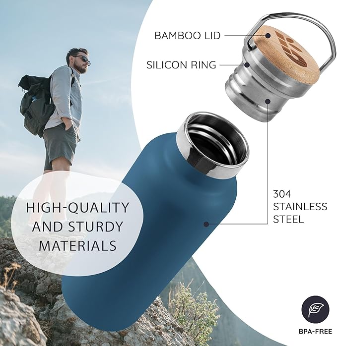 Bambaw Insulated Water Bottle 16 oz, Stainless Steel Water Bottle Insulated, For Hot & Cold Drinks, Reusable & Easy to Clean, Rust-Resistant, Made of High-Grade Stainless Steel (Aegean Blue)