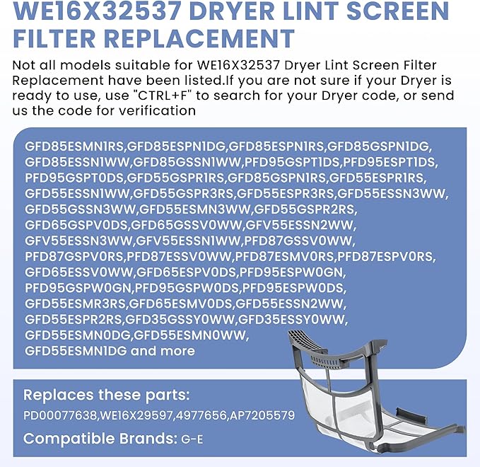 WE16X32537 WE16X29597 Dryer Lint Screen Filter Replacement Compatible for G-E GFD85ESMN1RS GFD85ESPN1DG GFD85GSPN1DG GFD85GSPN1RS GFD55ESPR1RS ect Appliances Dryer Lint Filter Screen-by MIFLUS - AquaVibe