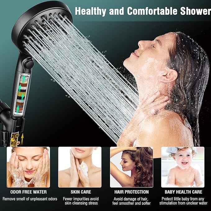 Filtered Shower Head with Handheld, 9 Spray Modes 2.5GPM High Pressure Showerhead with ON OFF Pause Switch, 15 Stage Water Softener Filter for Hard Water Remove Chlorine and Harmful Substances