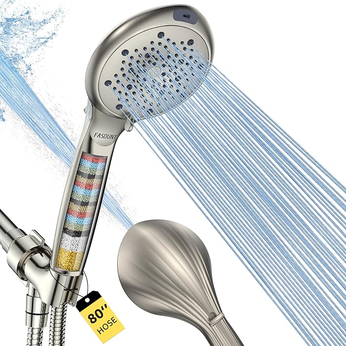 FASDUNT Filtered Shower Head with Handheld, 8-Mode Handheld Showerhead with Filters for Hard Water -Remove Chlorine, Built-in Power Wash, 80" Extra Long Stainless Steel Hose, Brushed Nickel