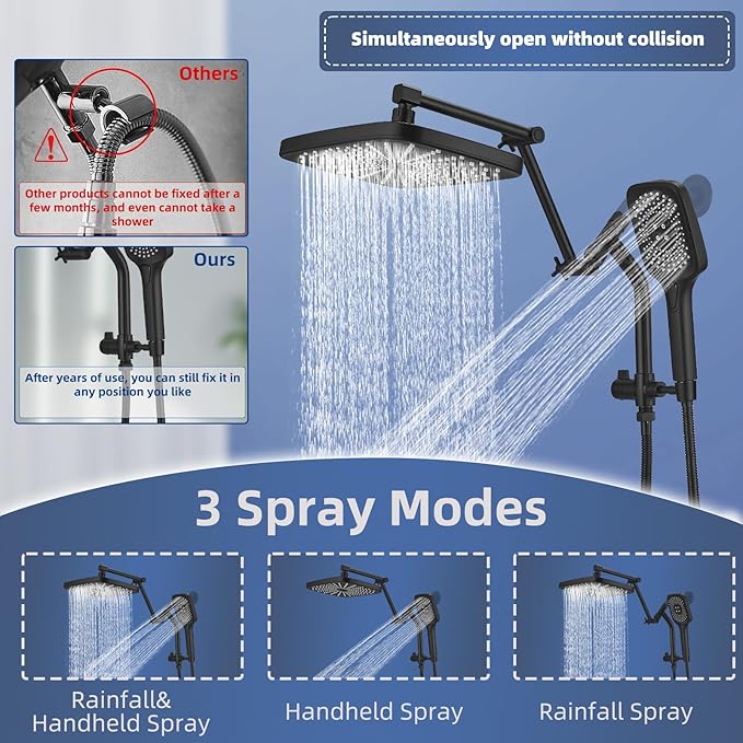 12" High Pressure Rain/Rainfall Shower Heads With Handheld Spray Combo (3+1 Settings & Built-in Power Wash Mode), Double/Dual Shower Head With Handheld - Height/Angle Adjustable(Matte Black)