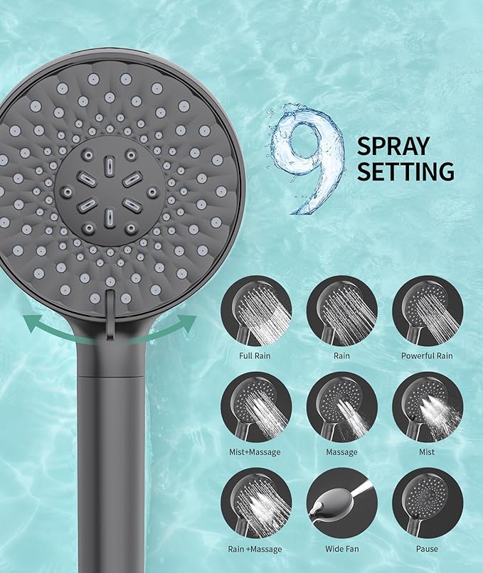 Filtered Shower Head with Handheld, High Pressure 9 Spray Mode Gunmetal Grey Showerhead With Filters,Detachable Shower Head,Water Softener Filters Beads For Hard Water - AquaVibe