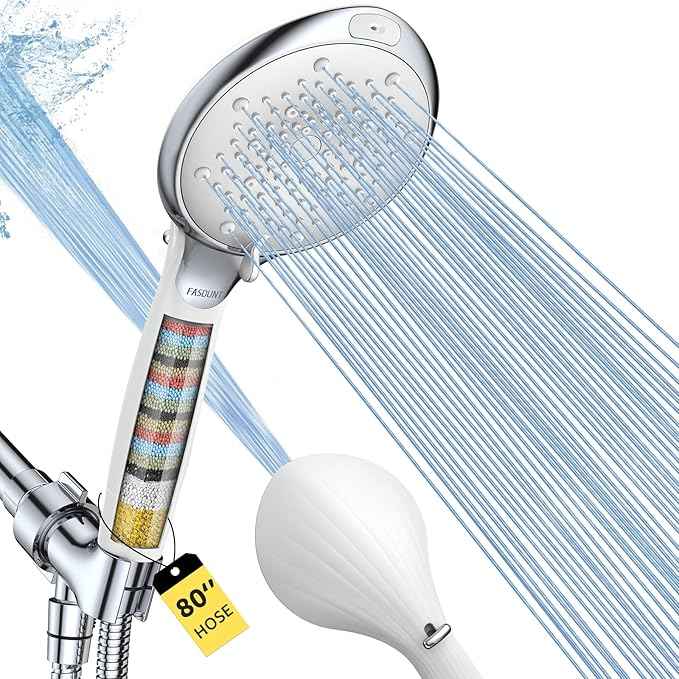 FASDUNT Filtered Shower Head with Handheld, High Pressure 8-Mode Handheld Showerhead with Filters for Hard Water -Remove Chlorine, Built-in Power Wash, Extra Long 80