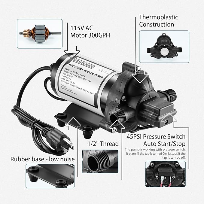WASSERMANN RV Water Pumps 115V AC Pressure Pump with Pressure Switch, Self-priming Water Pump 4.0GPM 45PSI, Fresh Water Pump for RV, Kitchen Barthroom Camping Marine Yacht Garden Diaphragm Pump115volt