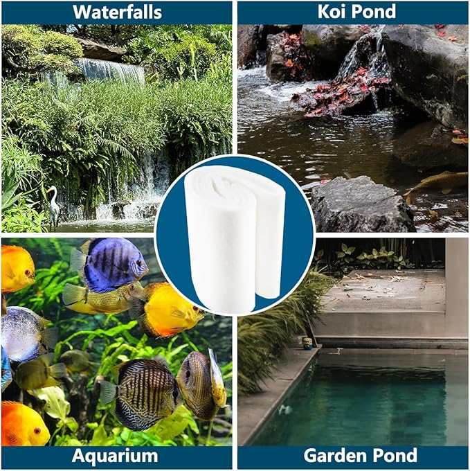RINOO White Koi Pond Filter Pad Fine Bulk - Cut to Fit - Durable Fish Pond Filter Media - Water Garden Aquariums Filter Material - 39.6" (3.3 ft) x 8" x 3/5" - 4/5" Thickness - 2 Pack