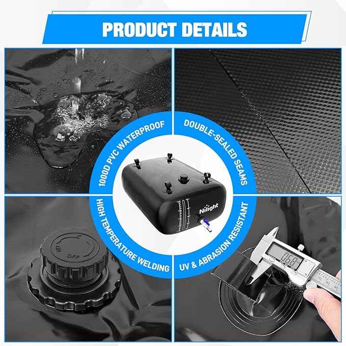 Nilight 246Gal/1000L Water Storage Bladder, RV Potable Water Bladder Tank Camping 1000D PVC Foldable Collapsible Storage Containers for Truck Bed Carrier Garden Irrigation Emergency Water Use, Black