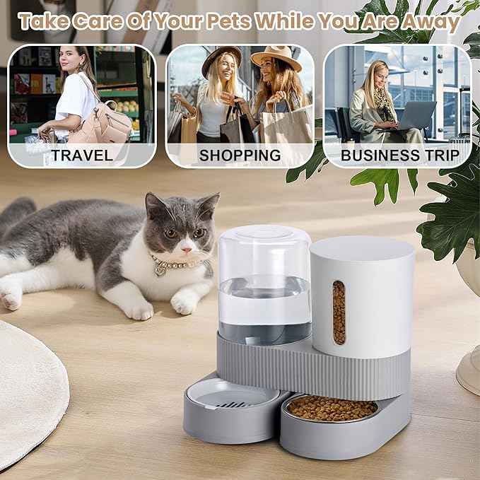 2 Pack Automatic Cat Feeder Stainless Steel Water Dispenser Gravity Food Feeder and Waterer Set with Pet Food Bowl for Small Medium Kitten Puppy Pets Large Capacity(Grey)