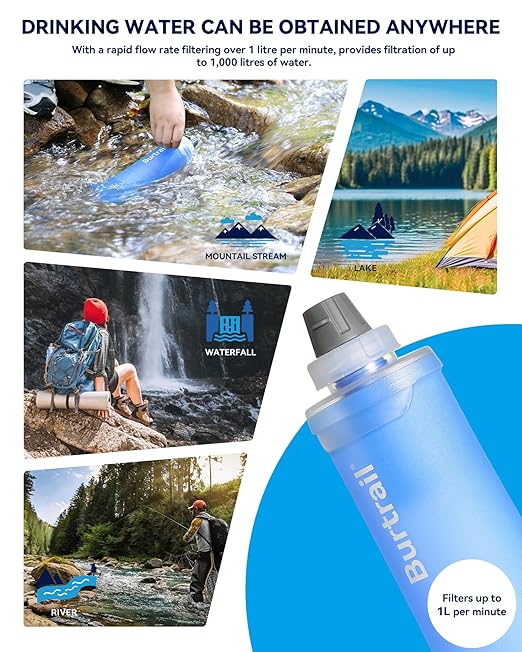 Outdoor Water Filter Bottle, BPA-Free Ultralight & Durable 1.0 L Collapsible Water Bottle with Two Filter Cap Cartridge, Filtered Water Bottle for Camping, Hiking, Backpacking