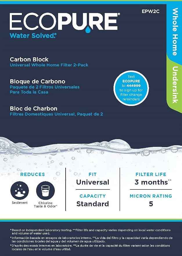 EcoPure EPW2C Carbon Whole Home Replacement Water Filter-Universal Fits Most Major Brand Systems (4 Pack), 2 Count (Pack of 2), Light Gray/Black