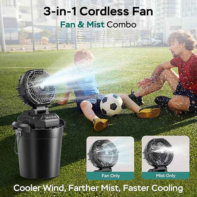 Portable Misting Fan for Outdoors Patios - 30000mAh Rechargeable Battery Powered Camping Fan, 4 Spray Mister with Timer, Fits 10-13" Bucket, 4 Speed, 90° Auto Oscillation for Garden Sports Travel Golf
