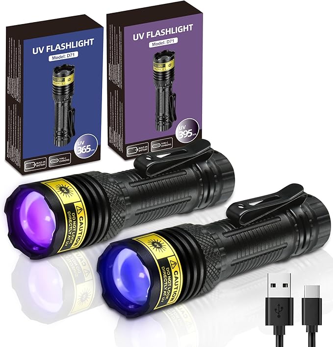 DARKDAWN UV Flashlight 365&395nm Black Light Mini USB Rechargeable Ultraviolet LED Blacklight Woods Lamp Powerful Fluorescent Portable Detector for Pet Urine Stains, Money, Resin Curing（2 Pack）