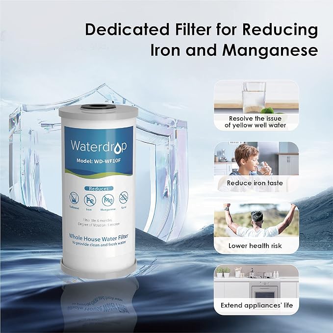 Waterdrop Whole House Water Filter, Carbon Filter, Reduce Iron & Manganese Filter Cartridge, Replacement for GE GXWH40L, FXHTC, Ispring, Culligan® RFC-BBSA, Whirlpool®, Any 10" x 4.5" System, 5 Micron - AquaVibe