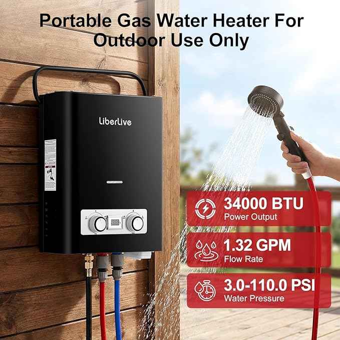 Propane Tankless Water Heater, 5L 1.32 GPM Outdoor Portable Gas Instant Hot Water Heater with Digital Display Overheating Protection, for Camping Barn Cabin RV Black