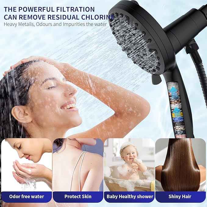 Filtered Shower Head with Handheld - 10 Spray Modes High Pressure Handheld Shower with Filter Spray Combo, Magnetic Shower Heads, With 60-Inch Long Hose（Matte black）