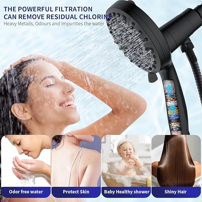 Magnetic Handheld Shower Head with Filter， High Pressure 10-Spray-Mode Detachable Shower Head with 60-Inch Hose, Powerful Hand Held Shower Head for Low Water Pressure（Matte Black）