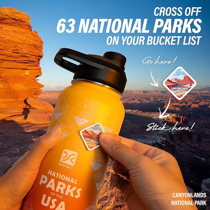 National Parks Water Bottle – 32 oz Insulated Stainless Steel Bottle with 63 Hand-Drawn Park Stickers, Carrier Bag, Strap & Gift Box – BPA-Free – Ideal for Hiking, Camping & Travel