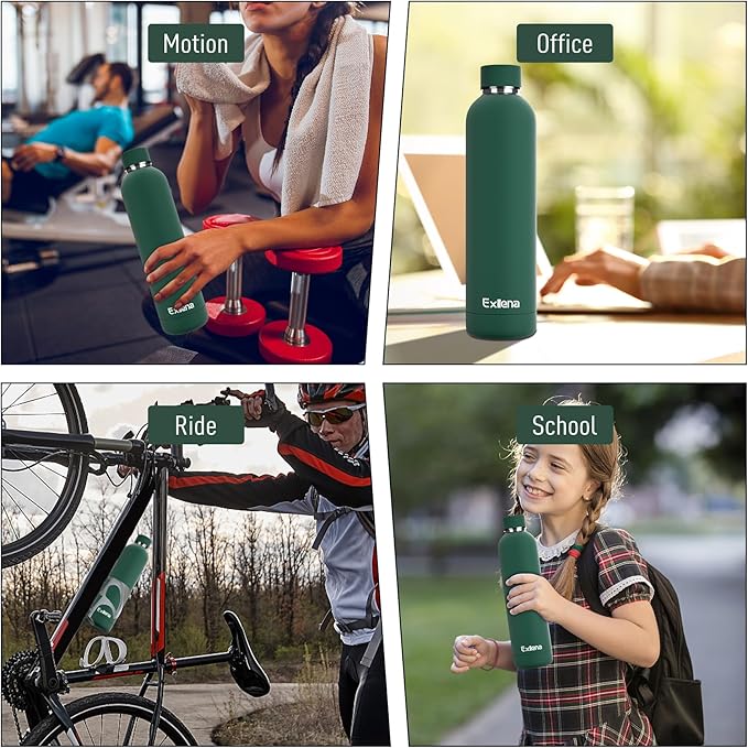 Exllena Slim Insulated Water Bottles for Travel 32oz with Clip, Double Wall Vacuum Stainless Steel Water Bottle Keeps Drinks Cold 24 Hrs/Hot 12 Hrs, 100% Leakproof, BPA Free(Emerald Green)