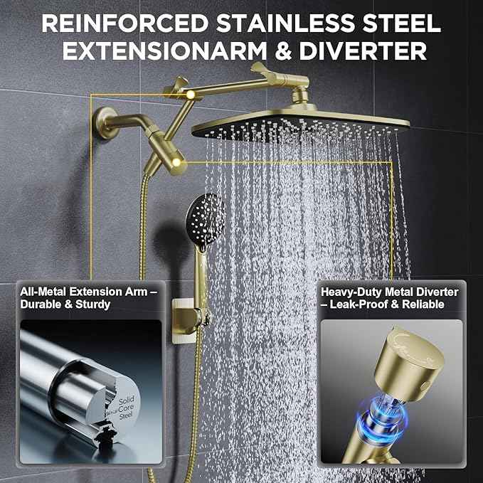 Veken 11.8" Rain Shower Head with Handheld, High Pressure Handheld Shower with Multi Spray Modes, Rainfall Combo with Metal Extension Arm, Detachable Dual Showerhead, Bathroom Decor, Gold