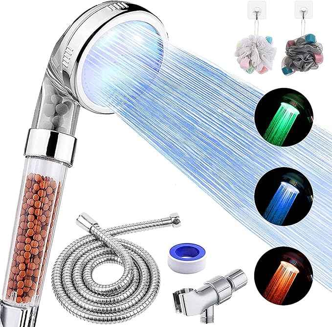 LED Shower Head with Handheld, High Pressure Shower Head with Hose, Holder & PTFE Tape etc, 3 Water Temperature-Controlled Water Saving Filtered Shower Head for Dry Hair& Skin