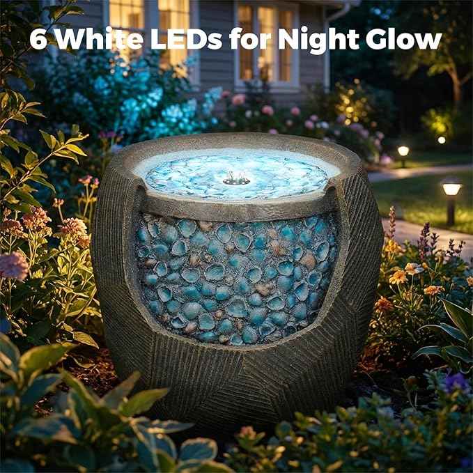 Kingsyard 13" Outdoor Water Fountain, Electric Resin Garden Waterfall with LED Lights, Quiet Outside Feature for Patio Porch Yard with Blue Seashell Decor