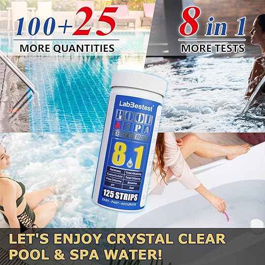 Pool Salt Test Strips - Salt Water Pool Testing Kit - 125 Swimming Pool Spa Hot Tub Test Strips - Rapid Accurate Easy to Test Hardness, Bromine, pH, Salt and More (8-Way)