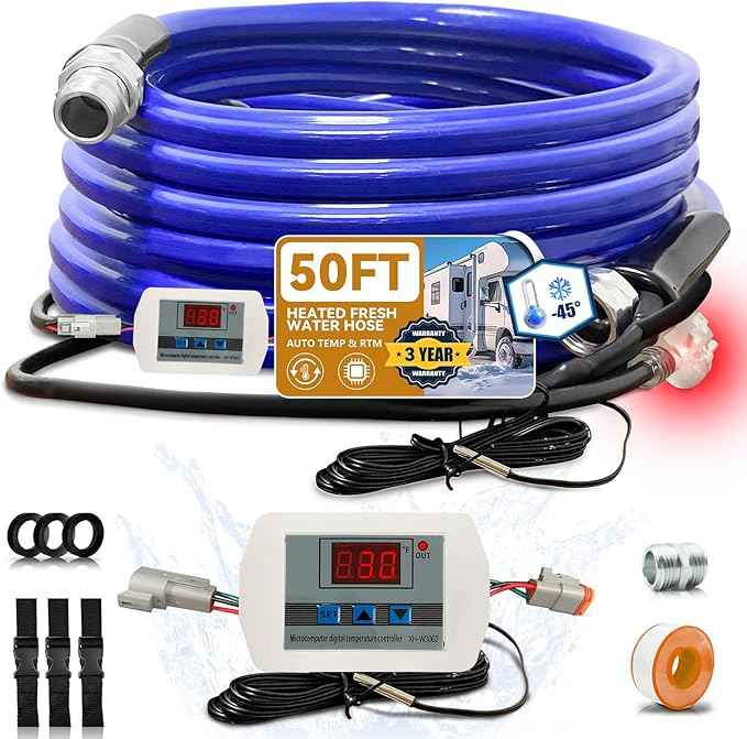 Cupohus Heated Water Hose for RV 50FT - Removable Adjustable Thermostat w/Real-Time Monitor Controller, -45℉ Freeze Protection for Winter Camping Travel, RV Owners & Outdoor Enthusiasts, 110-120V