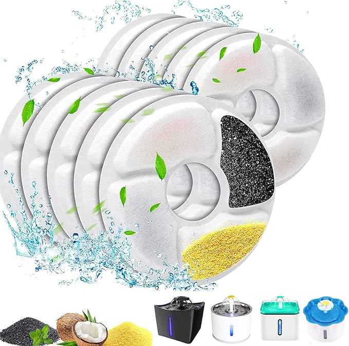 Cat Water Fountain Filters, 5 inch, Dog Fountain Activated Carbon Filters Replacement, Compatible with Cats and Dogs Automatic Water Dispenser (10Pcs)