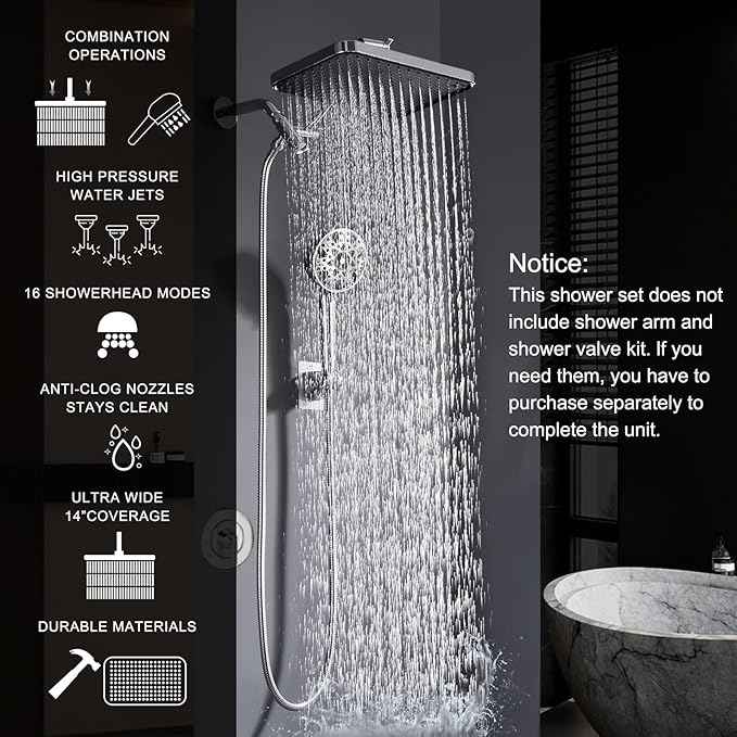 Dual shower Head with Handheld and Filter-14'' Rainfall ShowerHead,High Pressure Handheld Shower Head with Filters for Hard Water,7Spray with Power Wash,3-Way Setting for Couple Bathroom