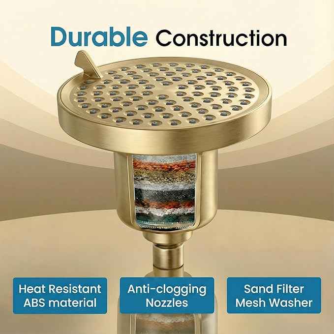Fixed Shower Head ＆ Filter COMBO ! Anti - Chlorine Hard Water Filtered Shower Heads- 7 Sprays High Pressure Showerheads with 25 Stage Filtration (Brushed Gold)