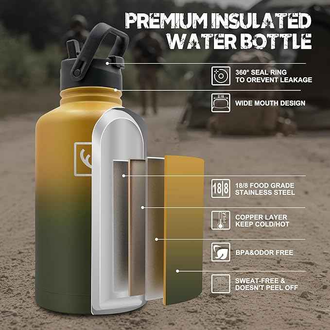 NATURE PIONEOR 64 oz Tactical Water Bottle Set, Stainless Steel Half Gallon Insulated Water Bottle with Tactical MOLLE Bottle Carrier Sleeve, for Outdoor Work, Gym, Hiking, Camping