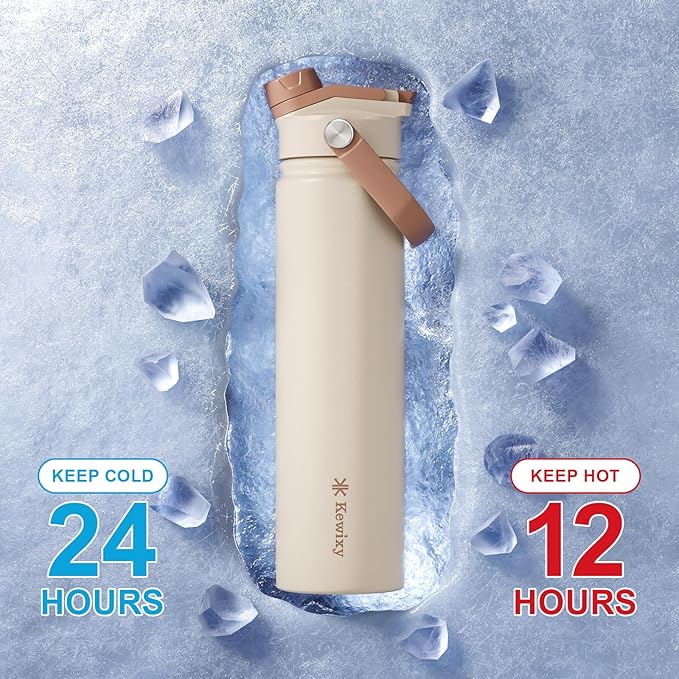 24 oz Insulated Water Bottle, 2-in-1 Lid, Straw & Spout with Protected, Leak Proof, Keep Cold 24H, Cup Holder Fit, Stainless Steel, Metal, Reusable, for Travel, Gym and School, 2 Lids, Mousse