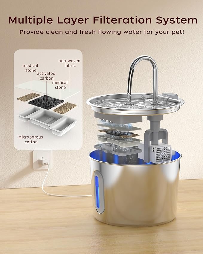 Cat Water Fountain,74oz/2.2L Cat Fountain Stainless Steel for Drinking Indoor,Ultra Quiet Pet Water Dispenser for Cat& Small Animals