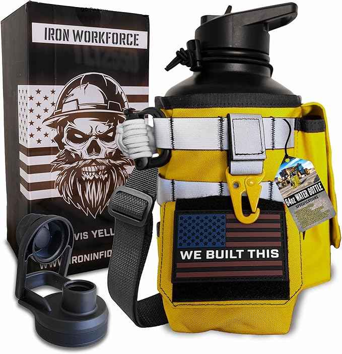 Iron Infidel Workforce Water Bottle - 64 oz Insulated Stainless Steel | Half Gallon Vacuum Water Jug | Paracord Handle, Removable Sleeve | Large Thermal Flask | Hiking, Camping, Workouts (Yellow)
