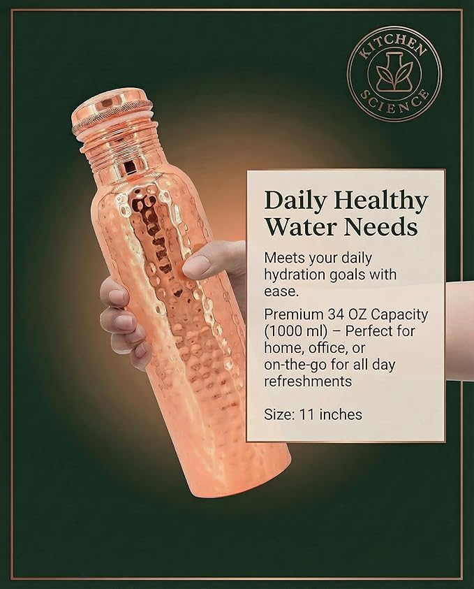 Kitchen Science- Copper Craft 34oz Copper Water Bottle with Canvas Bag – Lab-Tested, Leak-Proof, Heavy Duty, Ayurvedic Drinking Bottle