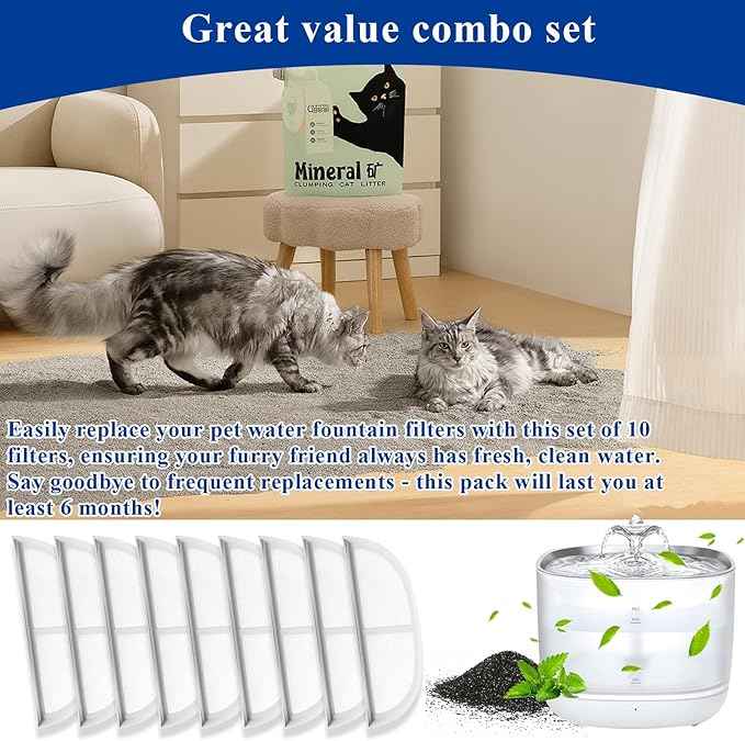 10 Pack Pet Water Fountain Filter Replacements Compatible with Eufy Pet Water Fountain, Providing a Triple Filtration System to Ensure Fresher and Purer for Dogs and Cats
