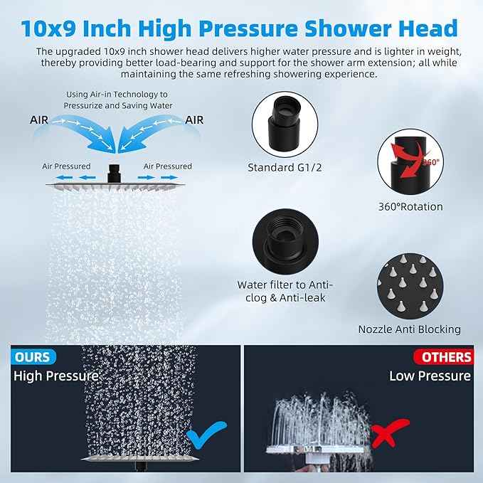 Hibbent All Metal Rain Filtered Shower Head, 10'' High Pressure Rainfall Showerhead with 16" Shower Head Extension Arm, 20 Stage Shower Filter, Solid Brass Adjustable Shower Arm Extender, Matte Black