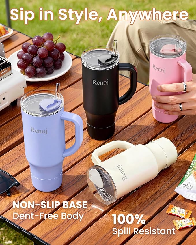 Renoj Cup Set 100% Spill Resistant Insulated Water Bottle for Iced Coffee & Hot Drinks - Fits Car Cup Holder, Ideal Gift, 2 Straws & Silicone Boot BPA-Free - FlexSlide Black 40 oz