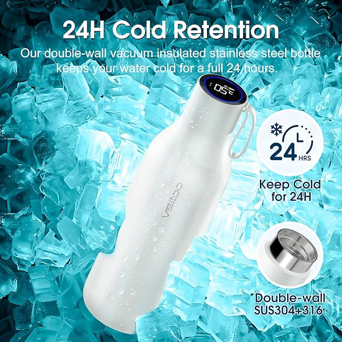 VSITOO 33oz Smart Self Cleaning Water Bottle，Insulated Water Bottle with Stainless Steel, BPA-Free, AI Self-Clean, 30-Day Battery, Magnetic Charging for Travel, Gym or Office, White