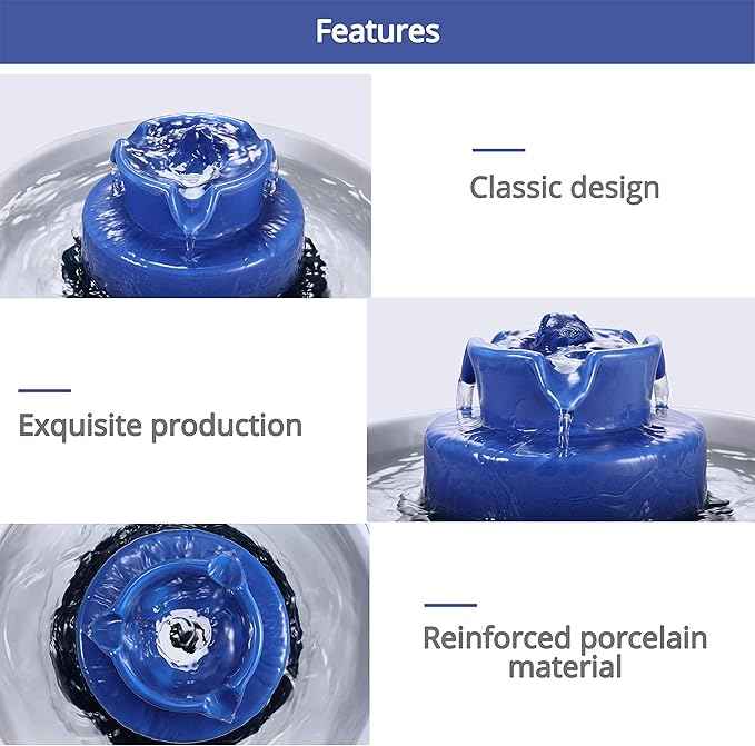 Ceramic Cat Water Fountain, 2.1L/71oz Pet Fountain for Dog and Cat, 3 Carbon Filters and 2 Pumps (Dark Blue)
