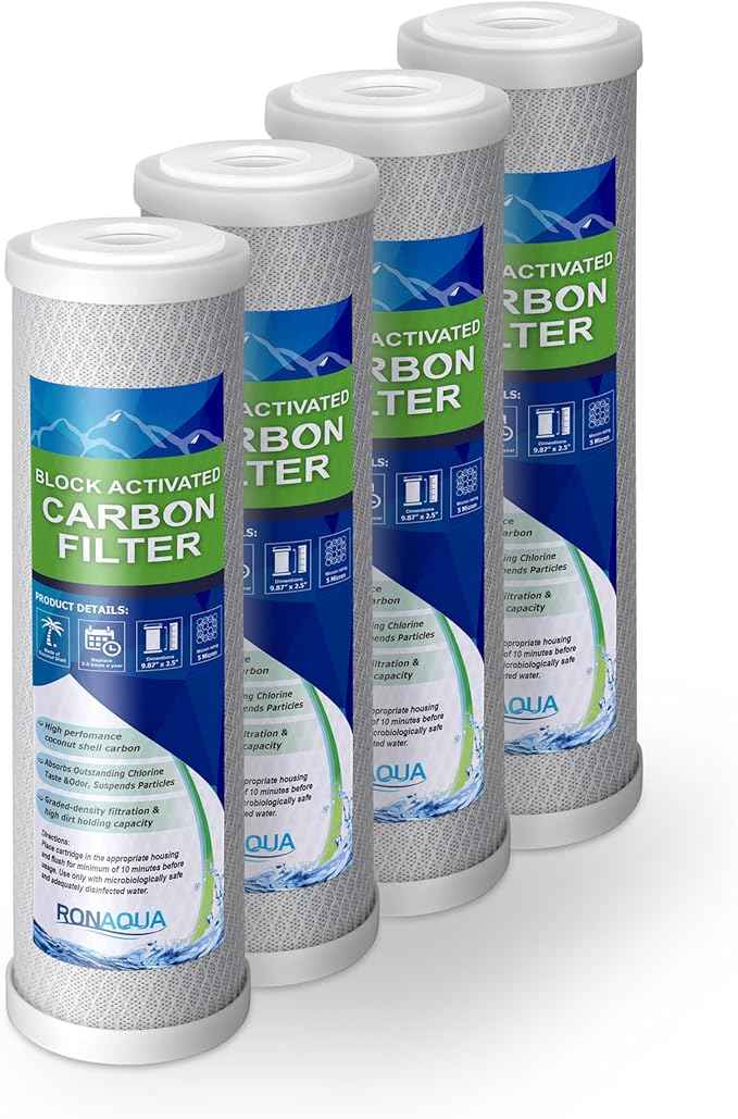 Block Activated Carbon Coconut Shell Water Filter Cartridge 5 Micron for RO & Standard 10” Housing WELL-MATCHED with WFPFC8002, WFPFC9001, WHCF-WHWC, WHEF-WHWC, FXWTC, SCWH-5 (4 Pack)